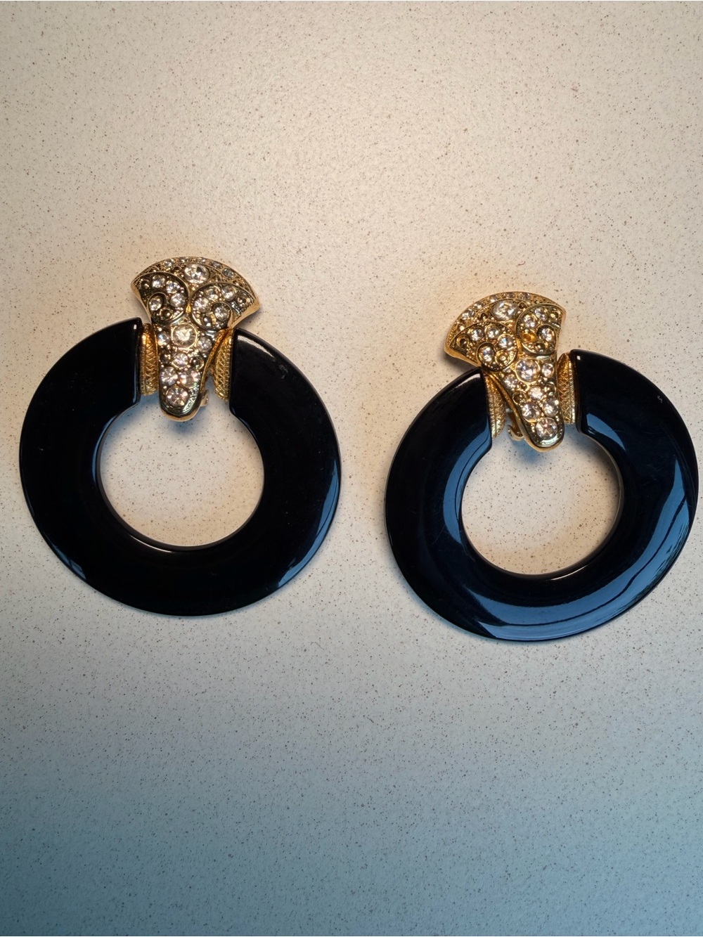Huge Black Lucite & Rhinestone Vintage Door Knocker Earrings 80’s Designer